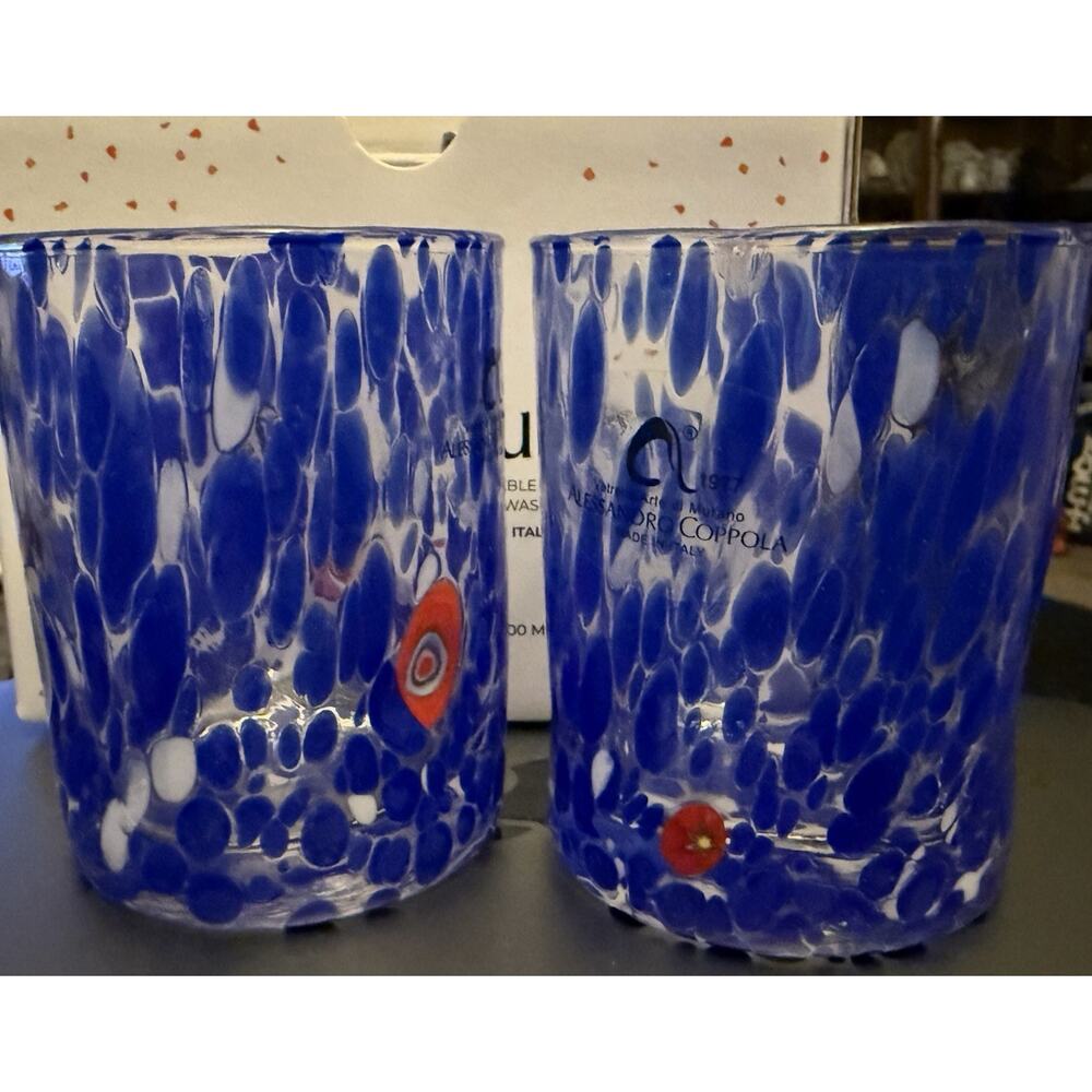 Alessandro Coppola Art Mosaic Glass Blue Set of 2 - Italy New NWT 10 oz.